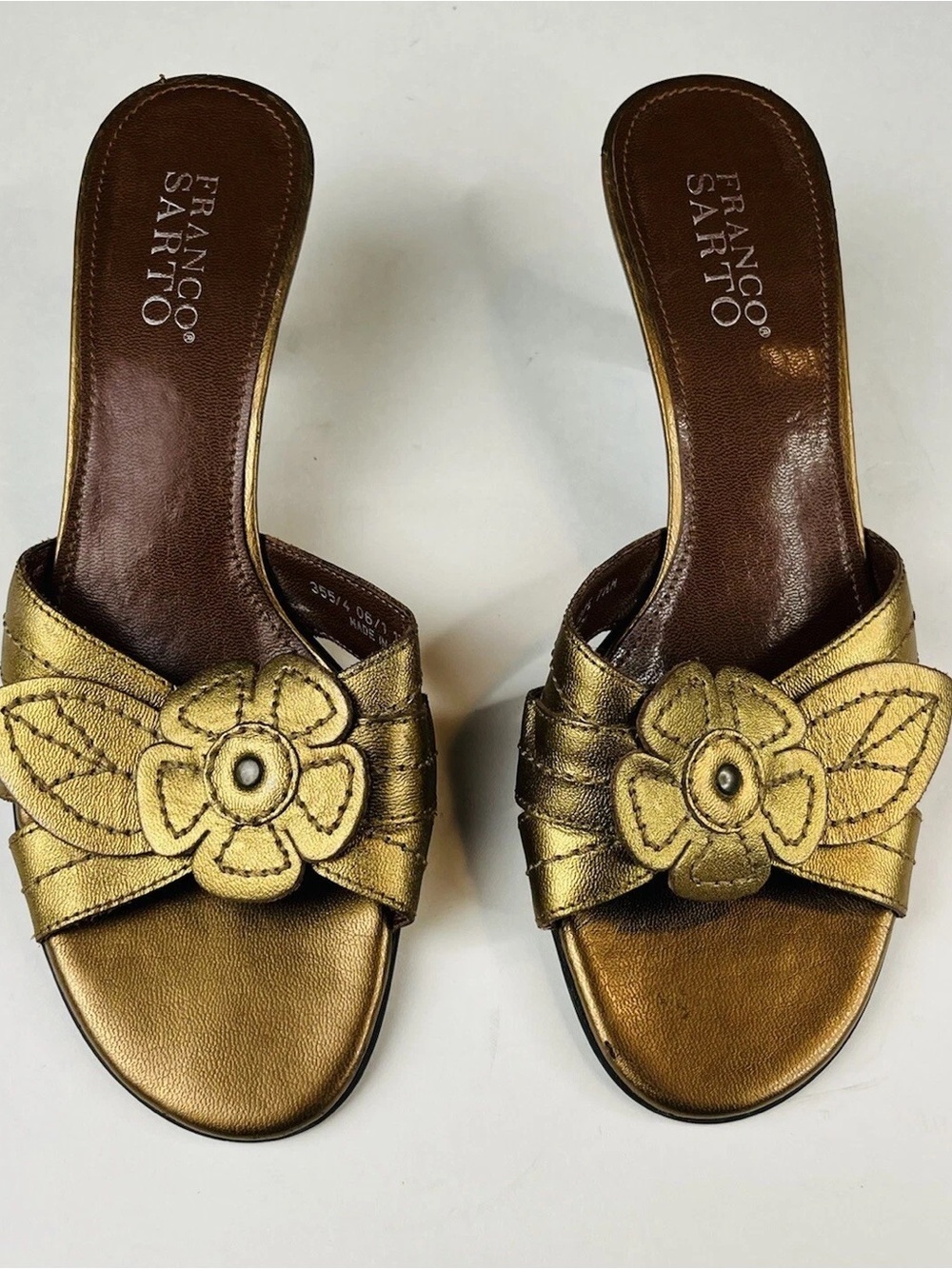 Franco Sarto Gold Leather Floral Slide Sandals